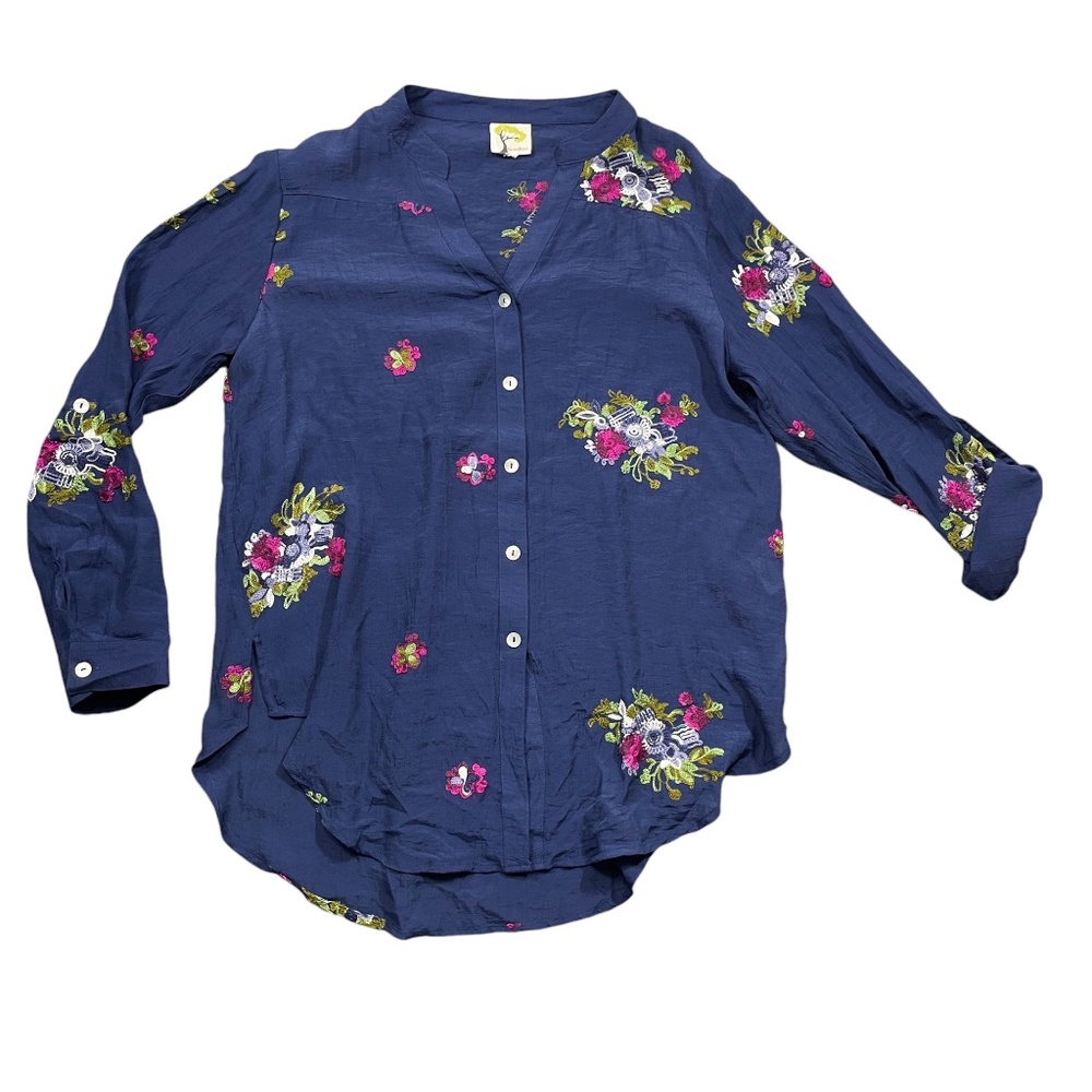 Fig & Flower Navy Blouse (see measurements) Embroidered Flowers Roll Tab Sleeves